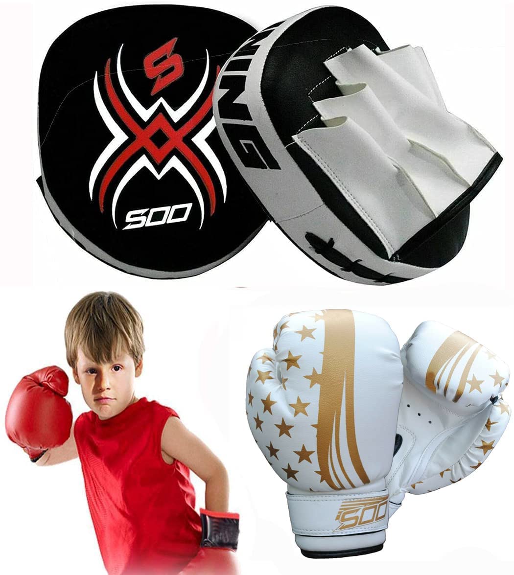 Leather Boxing Gloves and Focus Pads Set for Kids, Hook and Jab Training Pads, Curved Focus Mitts for MMA, Muay Thai, Kickboxing Coaching, Martial Arts & Punching Hand Target Striking Shield (Gold)