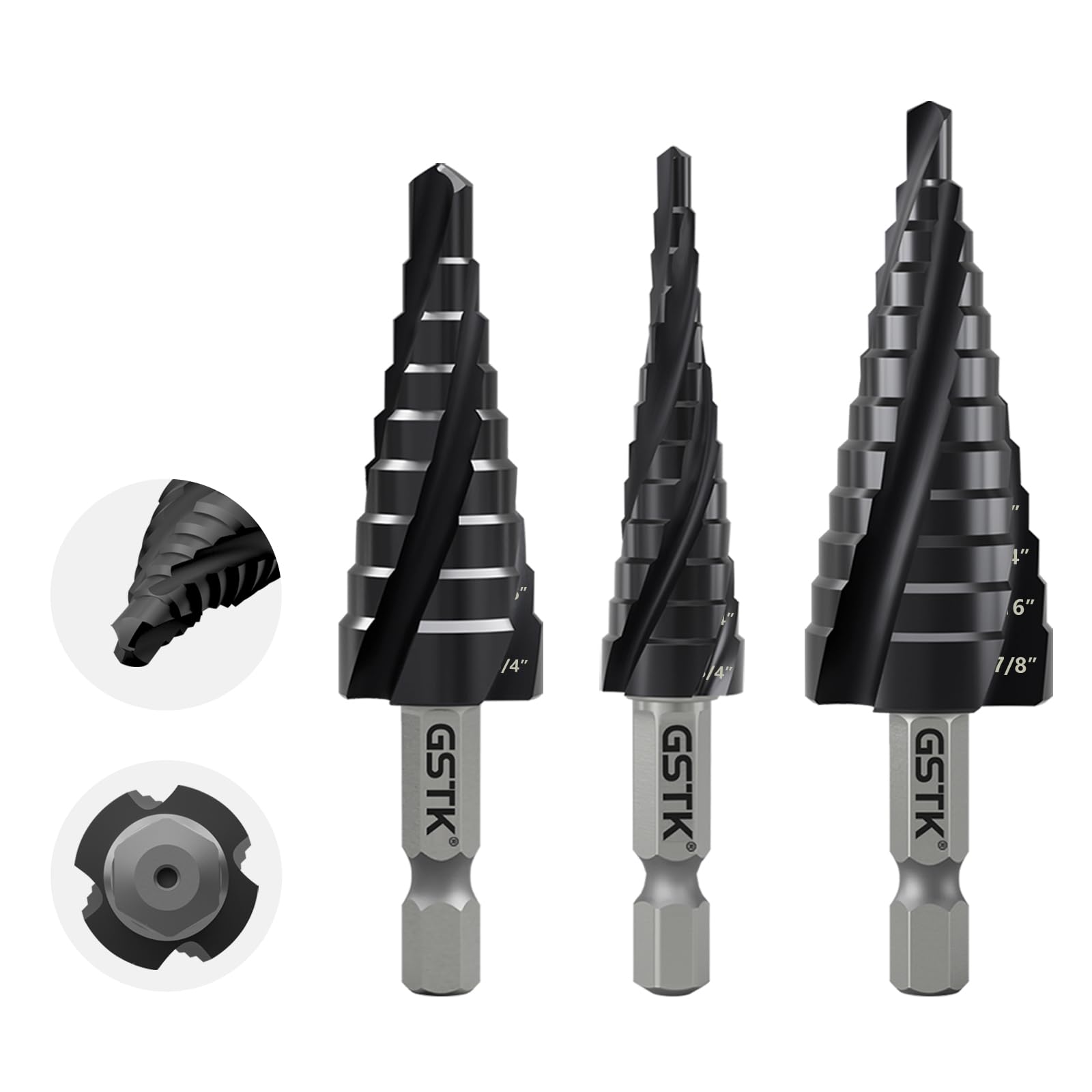 Impact Step Bit GSTK Pro Max 3PCS Four Spiral Flute Cobalt Unibit Step Drill bit ...