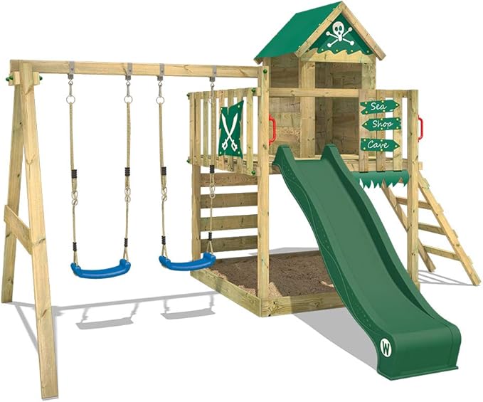 WICKEY Wooden Climbing Frame Smart Cave with Swing Set and Green Slide