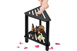 Arjiekwei Metal Corner Shower Stool for Shaving Legs, Small Waterproof Shower Foot Rest, 2-Tier Metal Shower Corner Bench with Storage Shelf for Bathroom Inside Shower(Small Size Black)