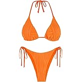ZAFUL Bikini Sets for Women Halter Two Piece Swimsuit Ribbed High Cut Tie Side Thong Bathing Suit Sexy Padded Swimwear