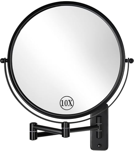 YMHSOLDR Wall Mount Makeup Mirror With 1X And 10X Magnification | Black Framed, Dual-Sided Vanity Mirror, Space-Saving Design