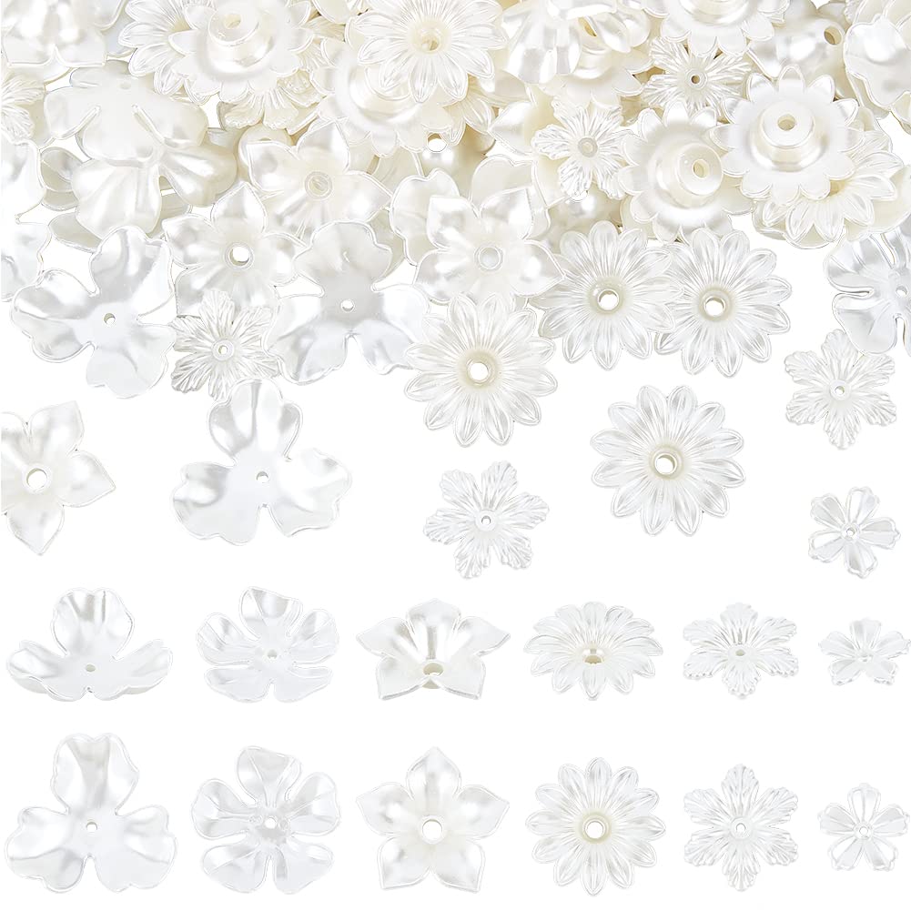 NBEADS About 120 Pcs Flower Bead Caps, 6 Styles Opaque ABS Plastic Imitation Pearl Flower Beads White Flower Imitation Pearl Bead Caps Floral End Caps for DIY Necklace Earrings Jewelry Making