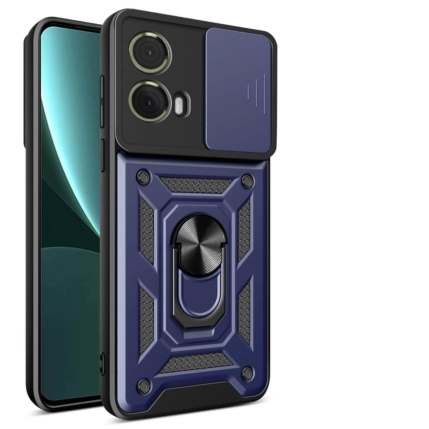 ILING Case for Motorola Moto G85 5G, Ultra-thin Matte Texture Hard PC + Soft Silicone TPU Bumper Shockproof Heavy Duty Cover, with Ring Kickstand and Slide Camera Cover (Blue)