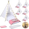 Windyun 6 Pack Kids Teepee Tent Bulk with Light and Inflatable Airbed, Natural Cotton Toddler Play Tent Washable for Girls Boys Indoor Outdoor Slumber Party Birthday Gifts (White)