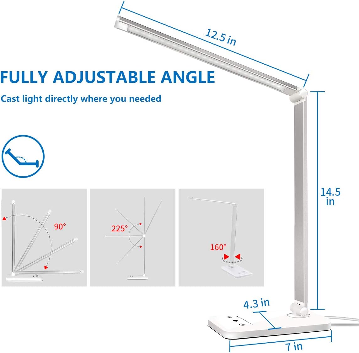 LED Desk Lamp, Eye-Caring Table Lamps, Natural Light Protects Eyes, 5 Modes, 10 Brightness Levels, Touch Control, Adjustable Table lamp with USB Charging Port, Auto Timer 30 / 60min, White: Home Improvement
