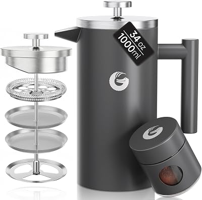 Coffee Gator 304 Stainless French Press 34 oz with 4-Level Filtration
