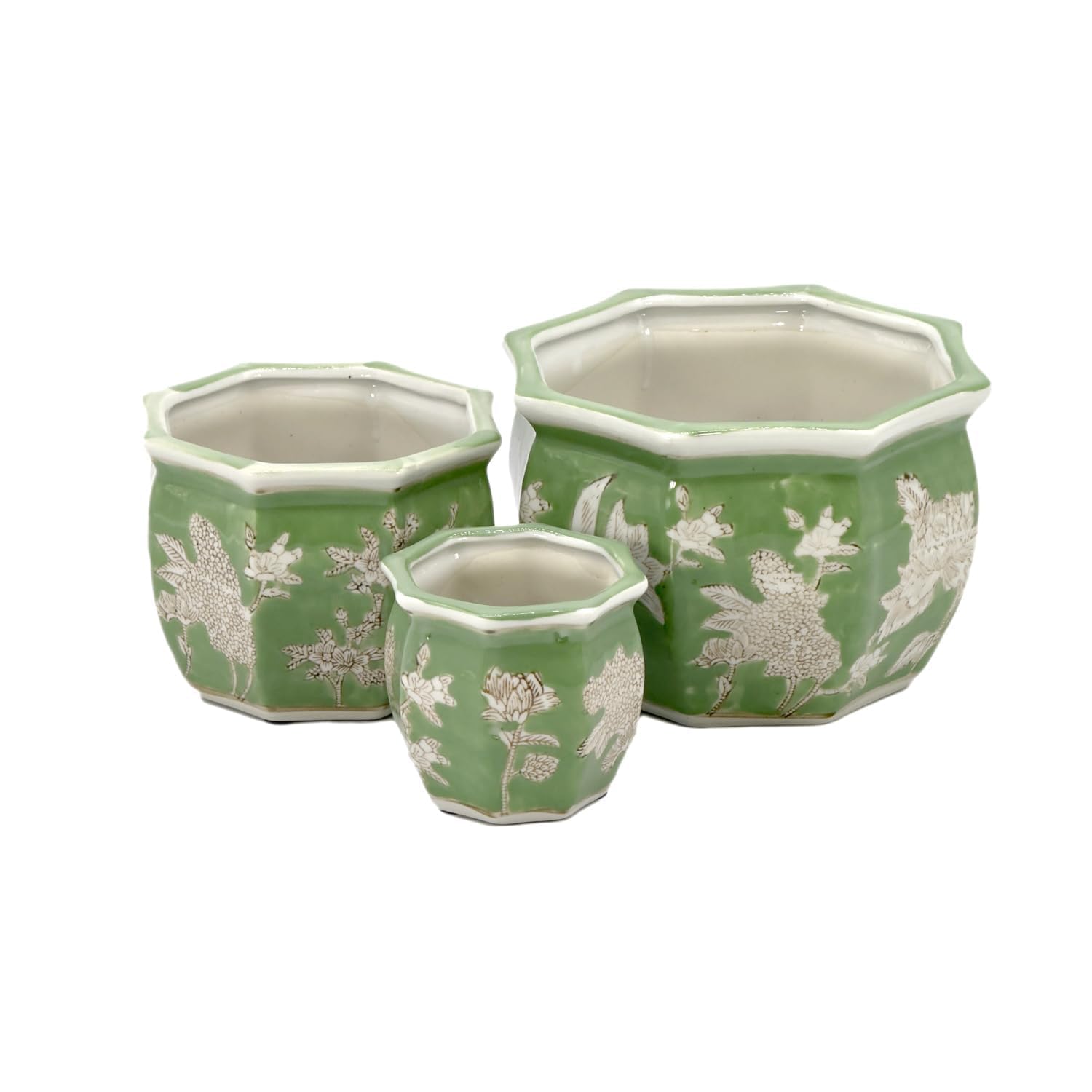 Photo 1 of Galt International Green & White Floral Porcelain Ceramic Decorative Flower Pot 8"/6"/4.5" Garden Pots Chinese Asian Design - Set of 3 Green Fluted