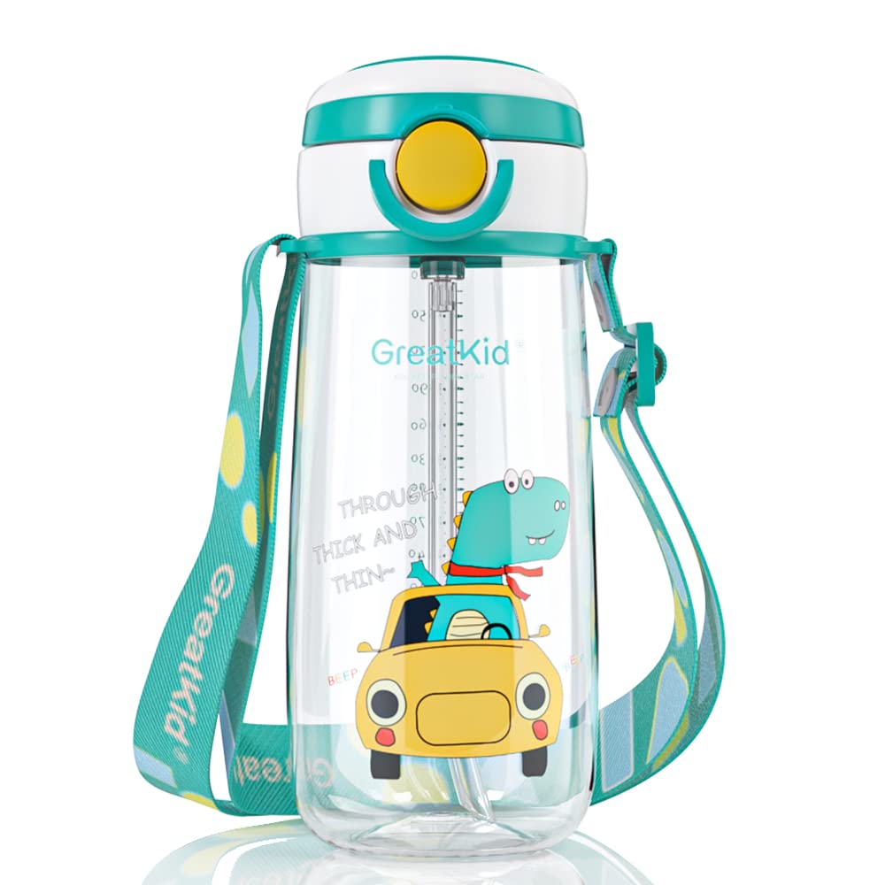Bunnytoo Kids Water Drinking Bottle (500ml), Water Bottle with Straw,BPA Free, Auto Push Button,Carry Loop Lightweight, Leak-Proof,Childs water bottle,Kid School Girls Boys Sports Bottles-Green