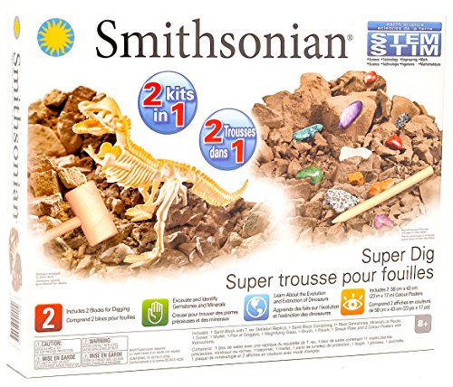Smithsonian Super Dig - 2 Kits in 1. Includes Replica T-Rex Skeleton and 11 different Minerals and Gemstones.