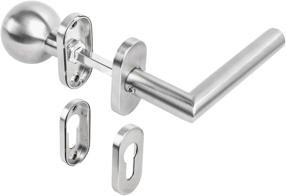 Gedotec Türgriff Zimmertür Wechselgarnitur Gartentor Türbeschlag Edelstahl L-Form auf Ovalrosette | München | Tür-Knopf - Drückergarnitur PZ - Profilzylinder | 1 Türgarnitur inkl. Befestigungsmaterial