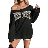 WDIRARA Women's Letter Branch Graphic Sweatshirt Asymmetrical Neck Long Sleeve Pullovers Oversized Top
