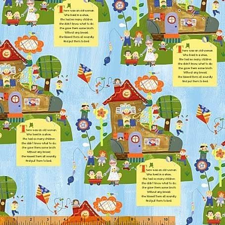 1/2 Yard - Old Woman in a Shoe "Mother Goose Tales" on Blue Cotton Fabric - by Jill McDonald (Great for Quilting, Sewing, Craft Projects, Quilt, Throw Pillows & More) 1/2 Yard X 44"