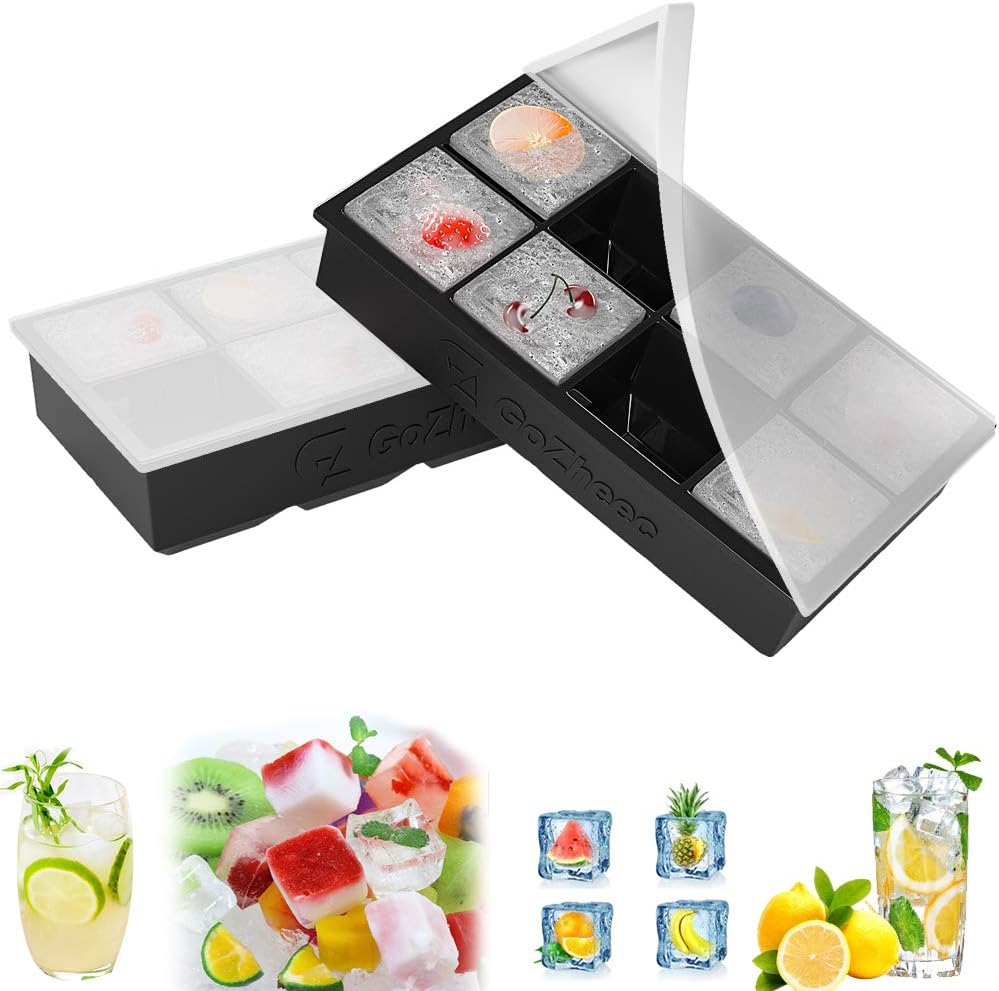 Silicone Ice Cube Trays, 2 Pack XXL Large Ice Cube Molds with Lids- Make 8 Pieces 2 Inch Ice Cube Square for Whiskey Drinking, Making Fun Ice Food - BPA Free & Easy to Release (Black)