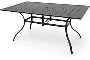 Nixtopia Outdoor Rectangle Patio Dining Table with Umbrella Hole 63"x38" for 6 Person - Black Metal Slat Top and Frame Table