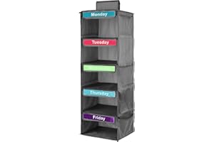 Weekly Clothes Organizer for Kids, 5-Shelf Hanging Closet Organizer with Visual Label, Multipurpose Polyester Clothes Organiz