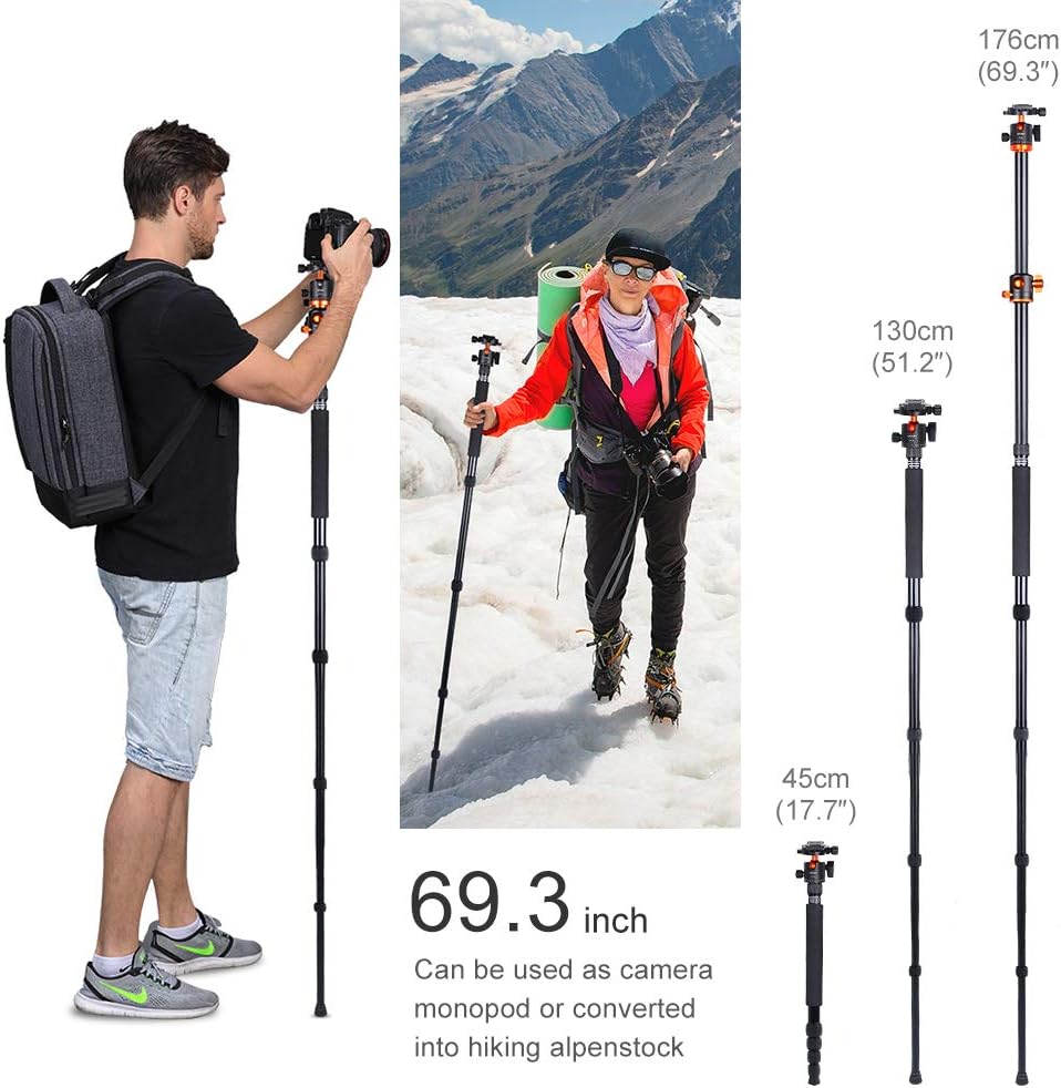 K&F Concept TM2515T1 Professional 67 inch Camera Tripod Horizontal Aluminium Tripods Portable Monopod with 360 Degree Ball Head Quick Release Plate for Canon Nikon Sony DSLR Cameras : Camera & Photo