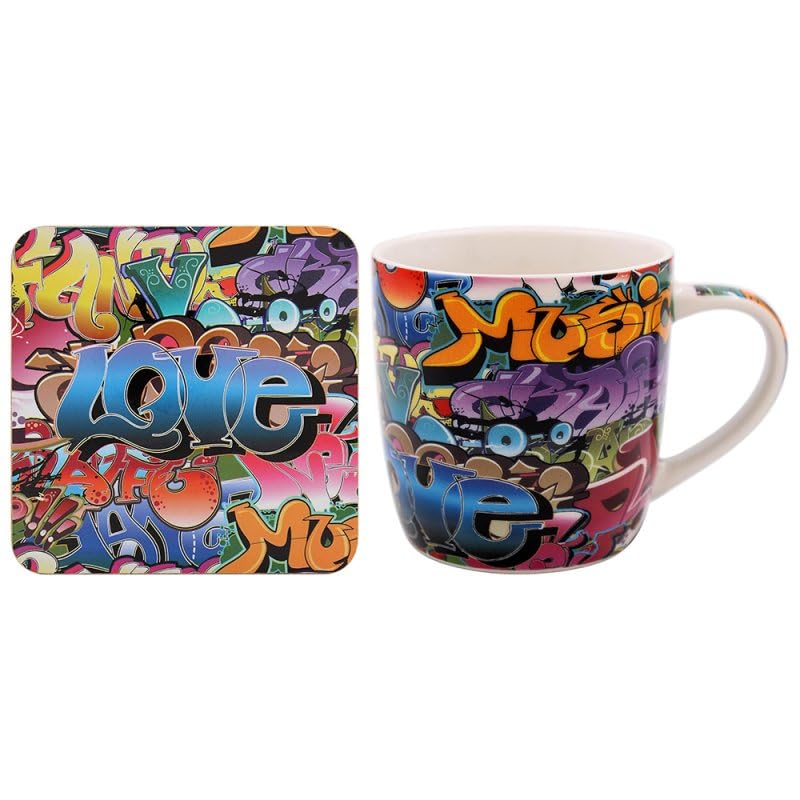 Lesser & Pavey Graffiti Designed Mug and Coaster Set | Gift Set for Music Lovers & Music Enthusiasts | Mug and Coaster Gift Set for Any Home or Offce - Graffiti
