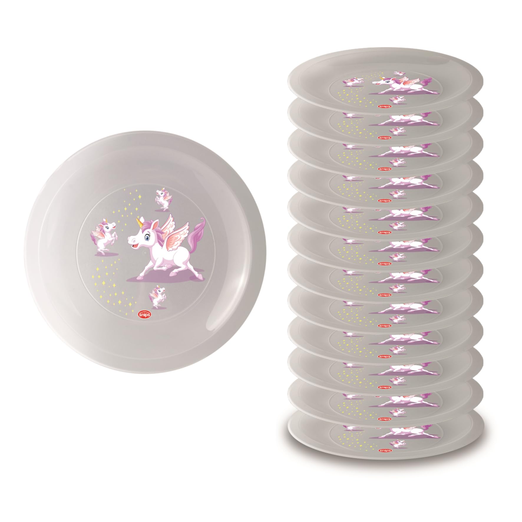 Snips, Set of 12 Washable Hard Plastic Plates, Reusable Plastic Plates, Unicorn Decoration, Diameter 23.5 cm, Made in Italy