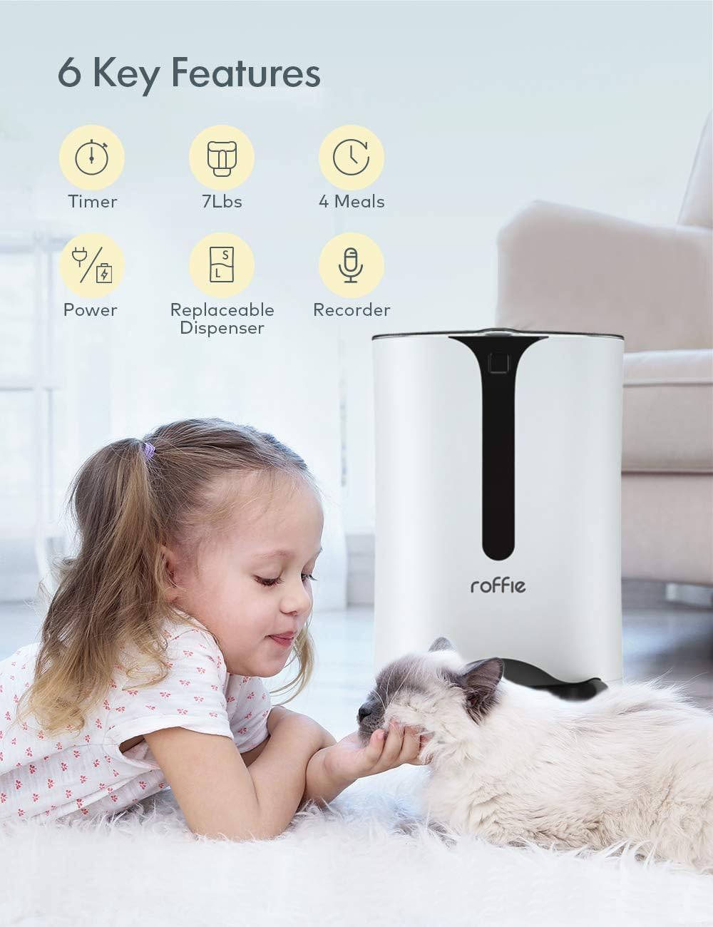 Pet Supplies : Roffie Automatic Cat Feeder 7L Dog Food Dispenser for Small Pets with Distribution Alarms, Portion Control, Voice Recorder and Programmable Timer for up to 4 Meals per Day : 