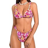 ChiaoLezhee Floral Tropical Bikini Sets for Women, Two Piece Swimsuit, Sexy Triangle High Cut, Tie Back Low Rise Bottom
