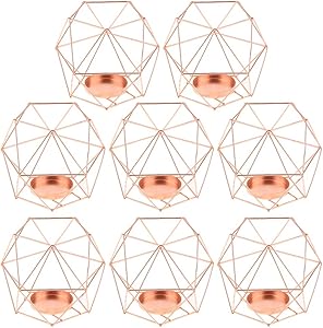 FLAMEER 8-Set Geometric Polished Tealight Candle Holder Table Top Centerpiece Weddings Events Parties Decor - Rose Gold