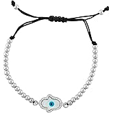 AURA GEMS Evil Eye on Mother Of Pearl Eye Charm Bracelet, Black String Adjustable Threader, Hamsa Charm Bracelet, Elegant Handcrafted for Women, Postivity, Good Luck Beautiful Women Simple Jewelry