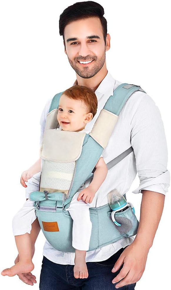 Baby Carrier, Breathable Ergonomic Hip Seat 130cm Maximum Adjustable Waistband with Removal Hoodie and Bibs