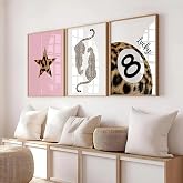 Set of 3 Preppy Cheetah Wall Art Trendy Pink Leopard Canvas Prints Star Lucky 8 Ball Posters Aesthetic Wall Decor Pictures for Girly Bedroom Apartment Dorm Unframed 12x16in