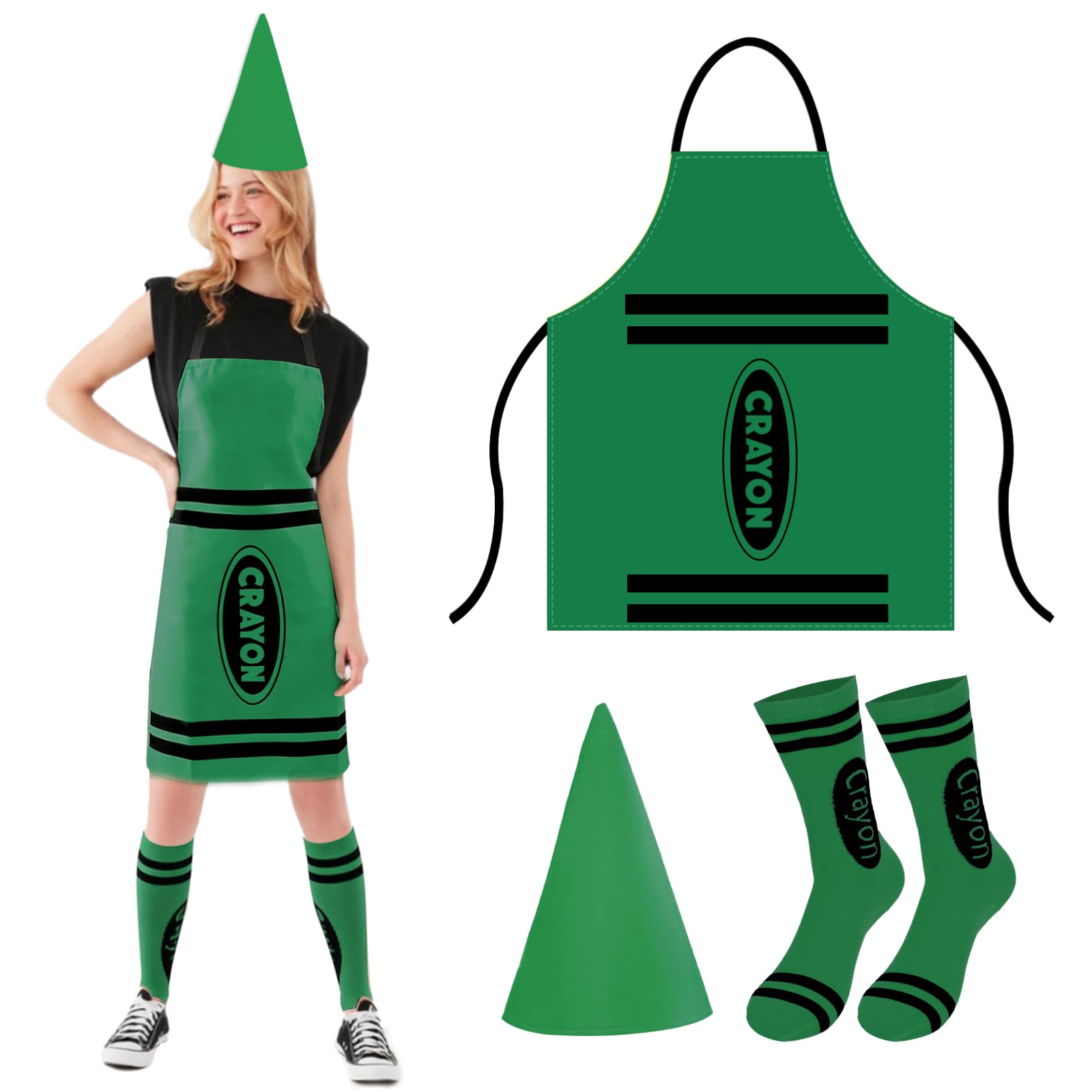 Crayon Costume Adult 3Pcs,Colorful Crayon Fancy Dress Include Crayon Apron, Funny Cone Hat And Striped Socks,Unisex World Book Day Costumes,Halloween Party Christmas Group Cosplay Outfits (Green) — image 1