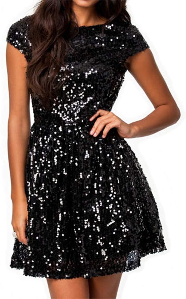 828 - Plus Size Cap Sleeves Sequins Skater Cocktail Club Dress