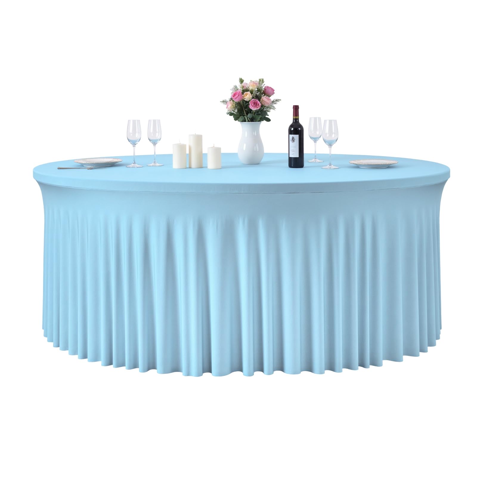 GALLETY Baby Blue Table Cloth for 5FT Round Tables, Fitted Spandex 120 inch Round Tablecloth, Wrinkle Free Table Skirt for Receptions Birthday Photography Party Social Events Baby Showers Decorations