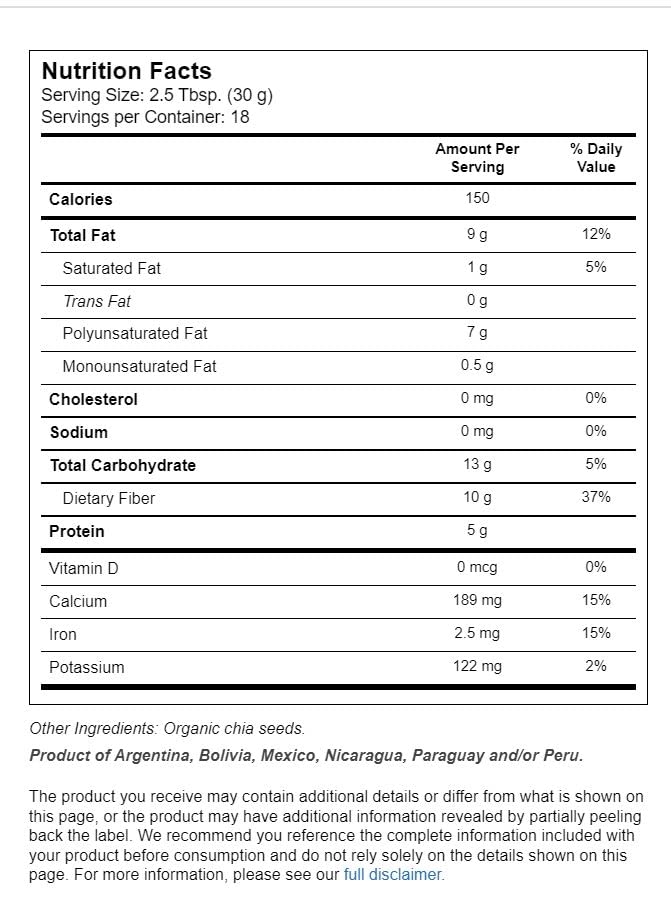 BetterBody Foods Organic Chia Seeds: 5350mg Omega-3s, Calcium, Iron, Potassium | Non-GMO Gluten-Free Pack of 2 (567g Airtight Jars)