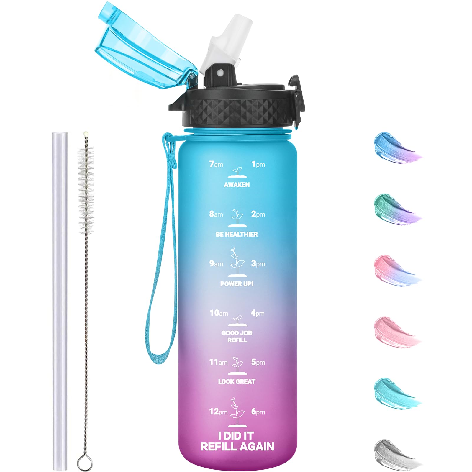 GOPPUS 500ml/17oz Kids Water Bottles with Straw Tritan Childrens Bottle with Flip Top Lid BPA Free Measured Drinks Bottle with Strap Sports Reusable Time Markings Leakproof (Blue Purple) — image 1