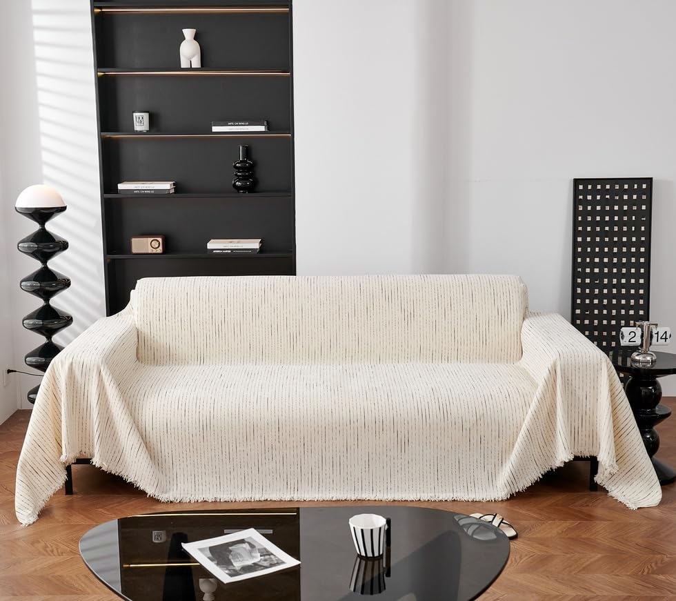 AMWAN Beige White Large Chenille Sofa Cover Universal Durable Classic Fine Stripe Couch Cover for Dogs,Cats,Kids,Large Sofa Slipcover for Sectional L Shaped,3 Cushion Sofa,Sofa Throw Cover, 71″x150″