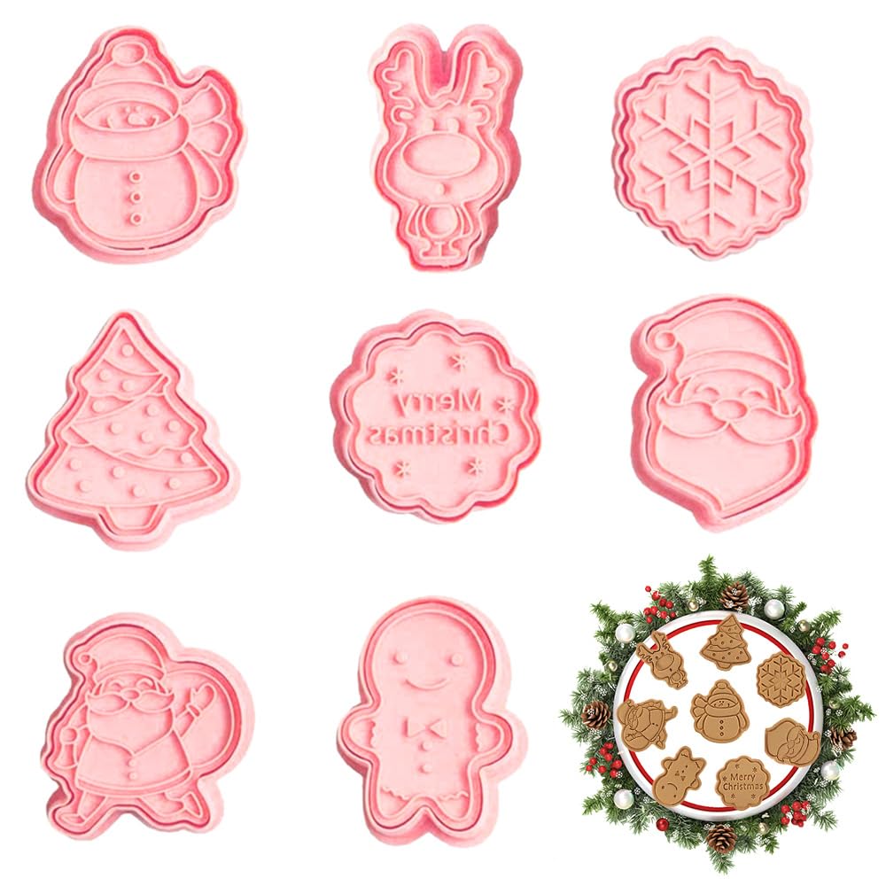 SPEACOUR 8 PCS Christmas Cookie Cutters Plastic Christmas Cookie Stamp Cartoon Fun Biscuit Moulds 3D Embossed Pastry Cutter -Gingerbread Man,Snowman,Christmas Tree,Santa Claus,Reindeer,Merry Christmas