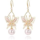 WASAIE Butterfly Hook Dangling Pearl Earrings For Women,Crystal Rhinestone CZ Drop Dangling Earrings For Lady,Gold Plated Brass CZ Earrings for Prom Wedding Brides