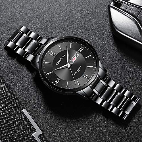 CRRJU Luxury Men\'s Waterproof Quartz Watches,Elegant Calendar Men Dress Watches,Black Stainless Steel Solid Band Watch