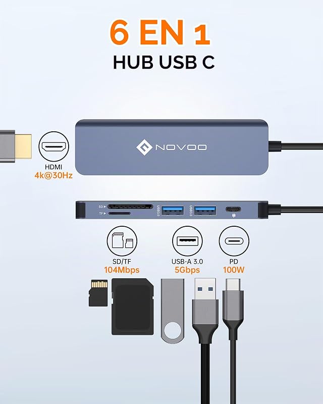 Hub USB C, adaptador USB C 6 em 1 com suporte de carregamento PD de 100W, HDMI 4K, 2 USB 3.0, leitor de cartão SD/TF, adaptador multiporta para MacBook Air/Pro e outros dispositivos Tipo C