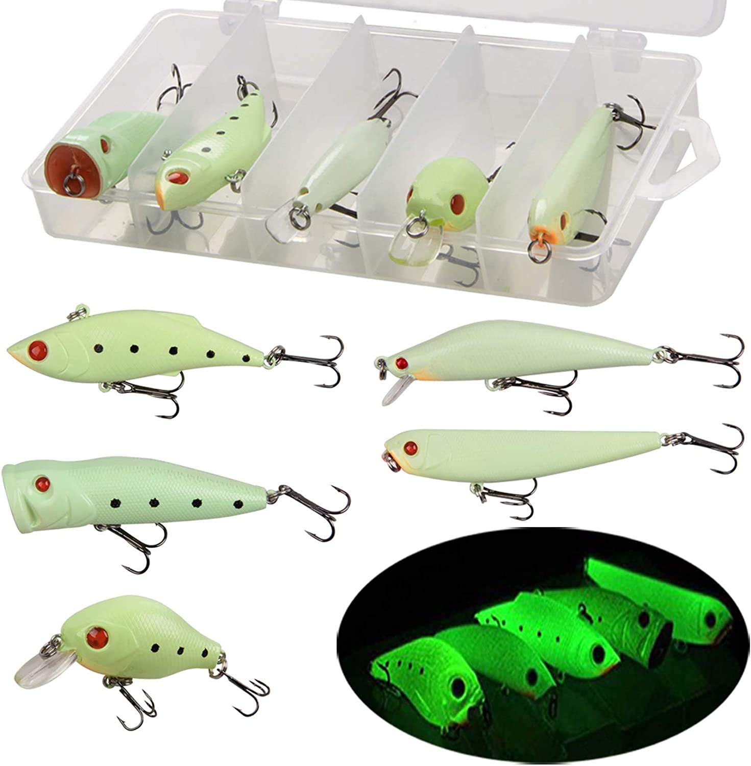Glow Fishing Lures Bait Kit Luminous VIB Popper Crank Minnow Pencil Hard Bait with Treble Hook Night Fishing Bait Tackle Box（5pcs/box)