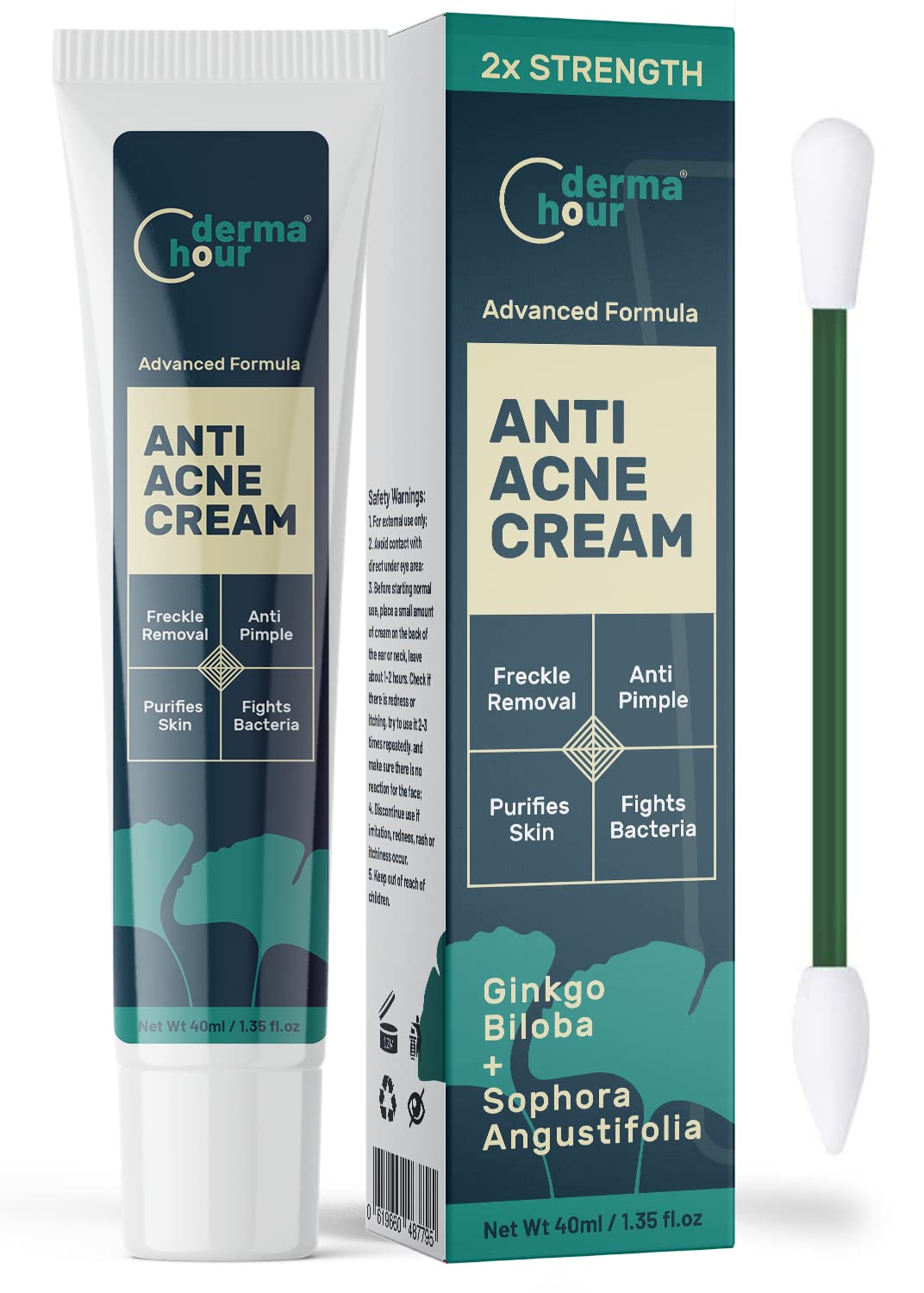 DermaHour Powerful Anti Acne Removal Cream - Targets Pimples, Spots, Skin Tags, and Ingrown Hair - Balances Water and Oil - Skincare Moisturizer with Ginkgo Biloba Extract - 40ml