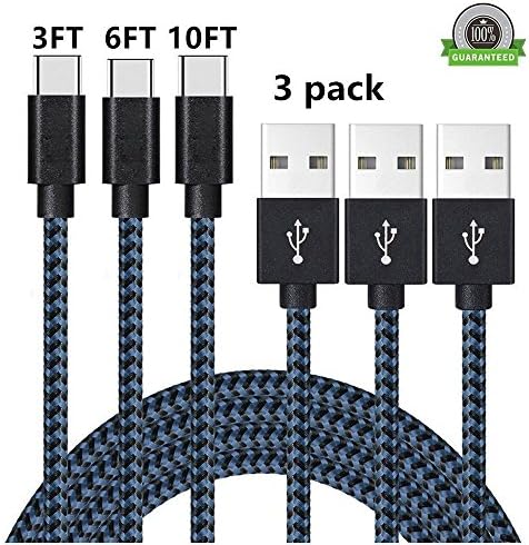 AWOGER Type C Cable, 3FT 6FT 10FT Nylon Braided USB Type C to Type A Cable for Galaxy S8, S8 Plus, Google Pixel/Pixel XL, Nexus 6p/5X, LG G6/G5, ZTE Zmax Pro Z981, HTC 10 and More (Black/Blue-123)