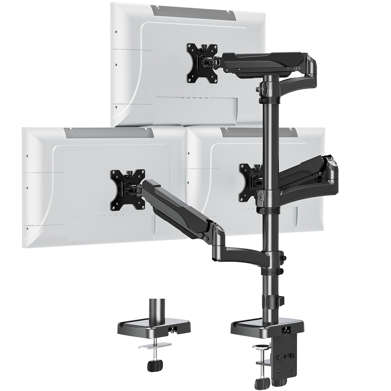 Photo 1 of ErgoFocus Triple Monitor Mount Fits Max 32" Computer Screen, Holds up to 17.6lbs Each Arm, Gas Spring 3 Monitor Desk Mount, Triple Stand with Tilt Swivel Rotation, VESA Mount 75/100mm