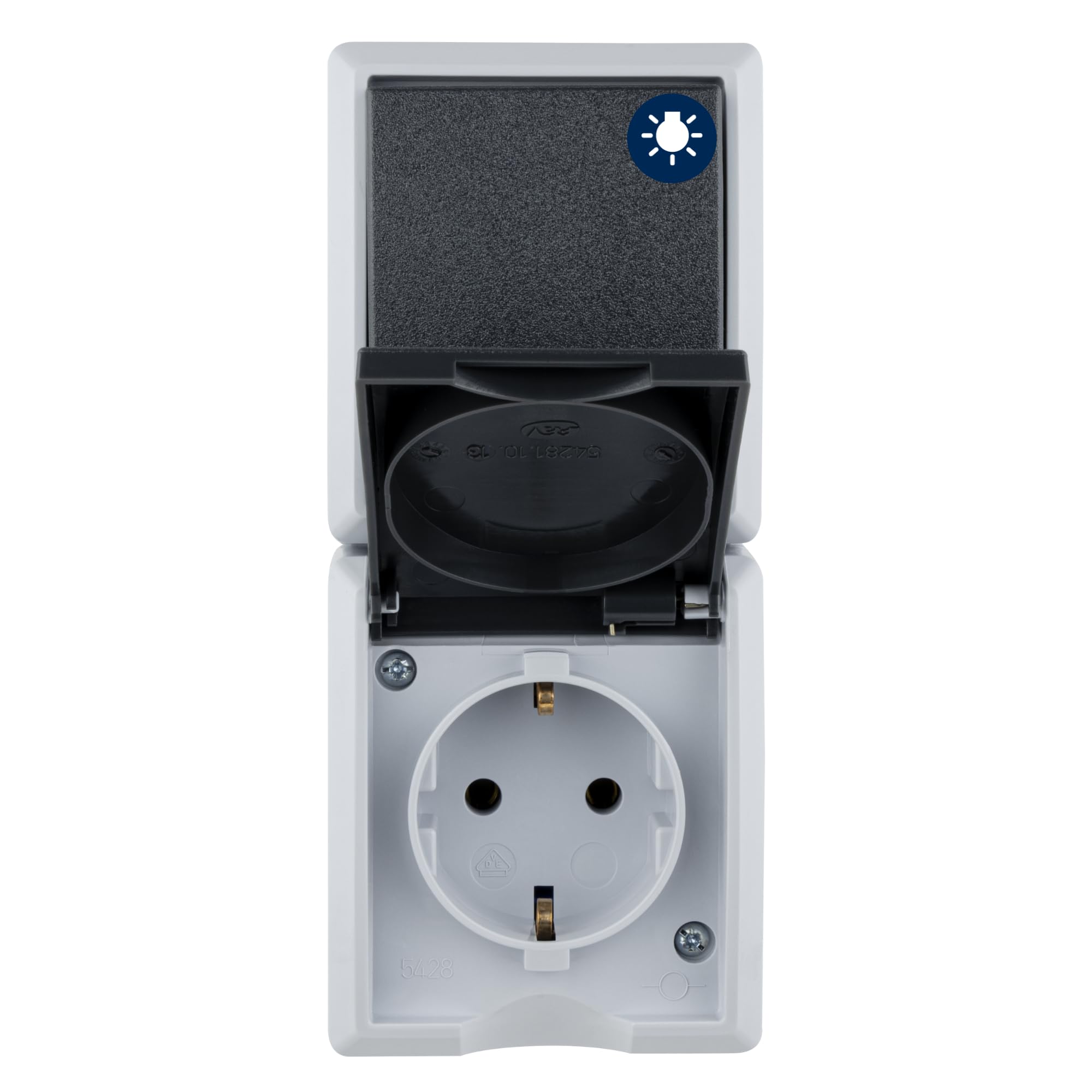 REV AquaForm, Socket - A/W Switch Combination, IP44, Single Pole, Surface-Mounted, Vertical, Grey