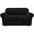 H.VERSAILTEX 3 Piece Stretch Sofa Covers for 2 Cushion Loveseat Couch Covers for Living Room Furniture Cover (Base Cover Plus 2 Seat Cushion Covers) Thicker Jacquard Fabric(Medium Sofa, Black)