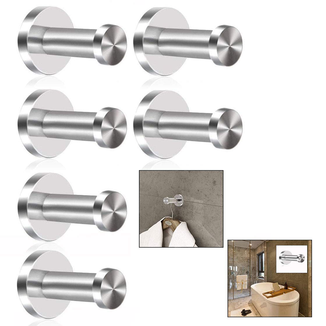 Xrten 6 Pack of Rustproof Stainless Steel Stick Hooks, Brushed Nickel Waterproof Wall Hook for Kitchens, Bathrooms, Closets, Office and so on.