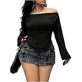 SOLY HUX Women's Plus Size Off The Shoulder T Shirt Bell Long Sleeve Asymmetrical Ruched Tee Going Out Tops