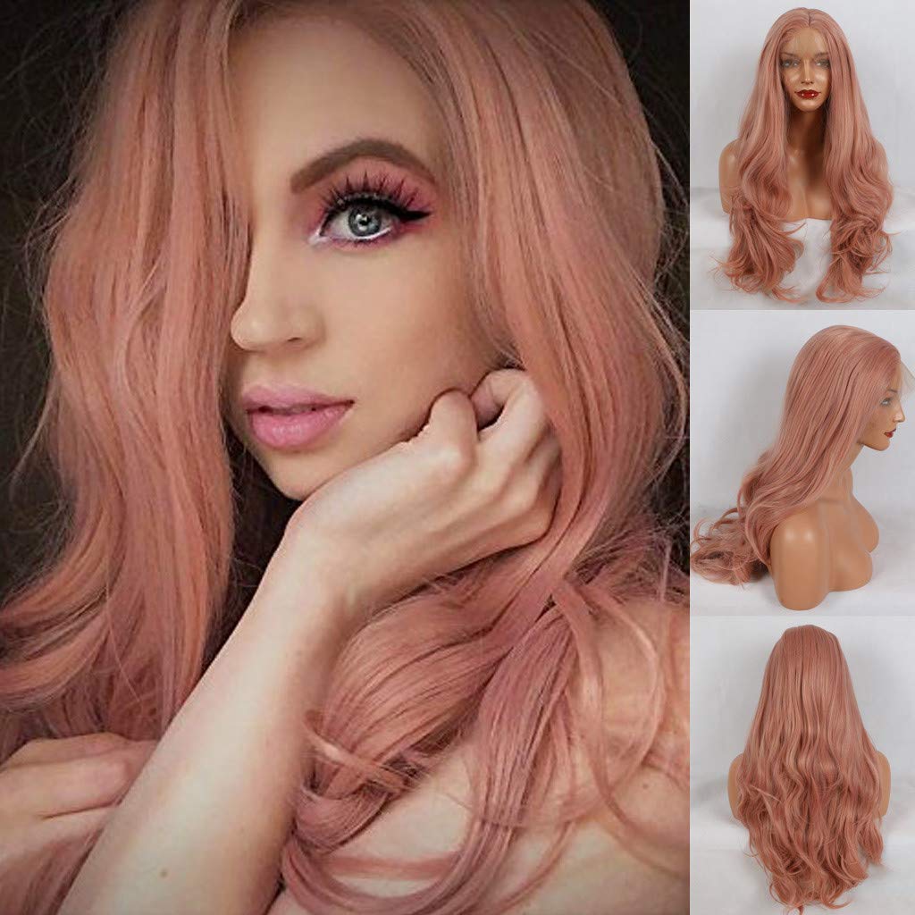 Long Loose Wavy Lace Front Wigs Pink Synthetic Fiber Cosplay Wig