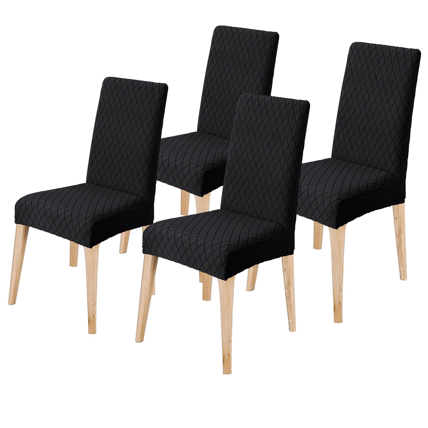 LANSHENG Dining Chair Covers Set of 4, Stretch Dining Chair Protector Slipcovers Jacquard, Elastic Removable Washable Chair Seat Cover for Dining Room Kitchen Banquet Restaurant Home, Black