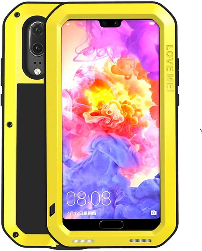 Love Mei Full Body Huawei P20 Pro Case TPU Bumper Heavy Duty Protection Armor Aluminum Tempered Glass Screen Hybrid Shockproof DirtProof Outdoor Metal Cover Shell for Huawei P20 Pro 6.1 inch (Yellow)
